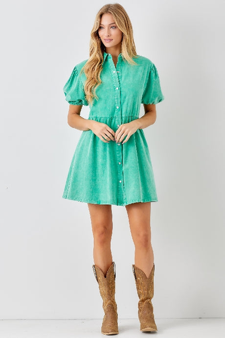 Baevely Pearl Snaps Mini Dress Puff Sleeves - Green