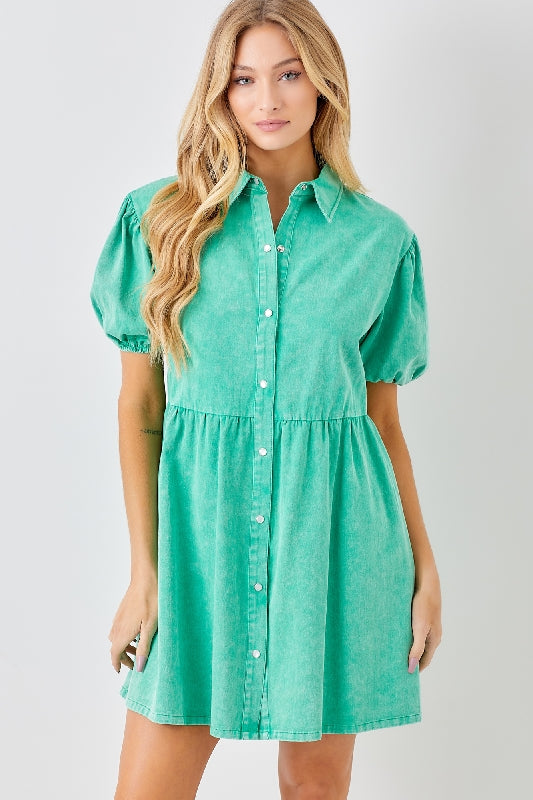 Baevely Pearl Snaps Mini Dress Puff Sleeves - Green