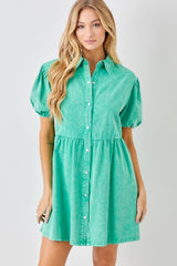 Baevely Pearl Snaps Mini Dress Puff Sleeves - Green