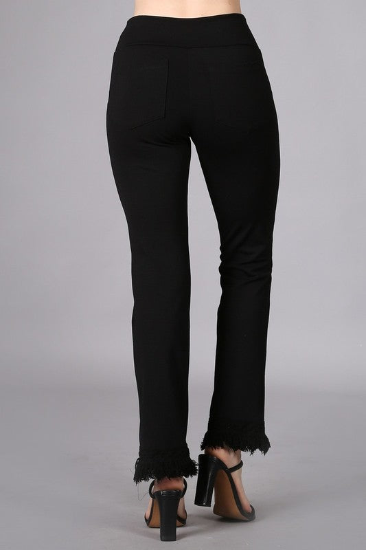 Chatoyant Back Pocket Fringe Ponte Crop Ankle Pants - Solid Black