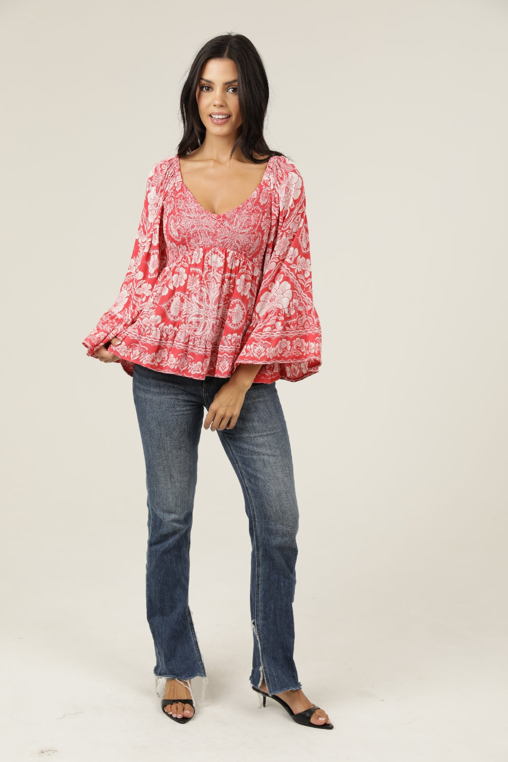 Angie Smocked Empire Bell Sleeve Blouse