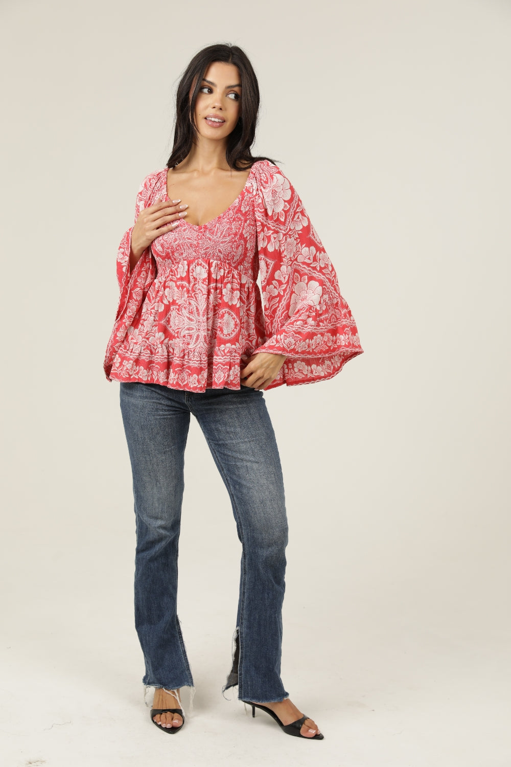 Angie Smocked Empire Bell Sleeve Blouse