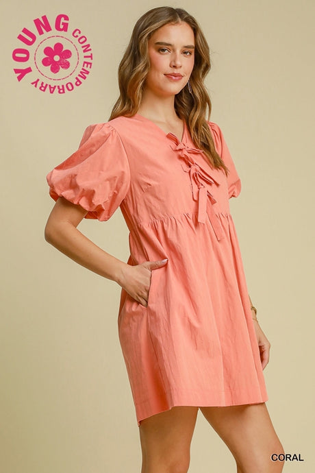 Umgee  Babydoll Bows Fit N Flare Ballon Sleeve Dress - Coral