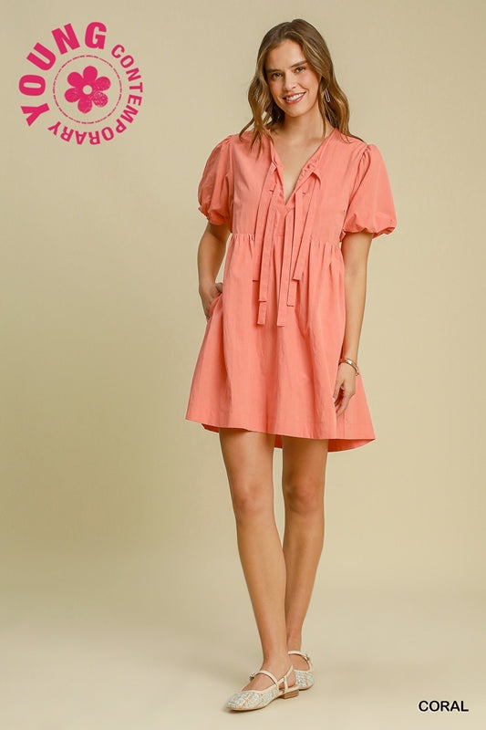 Umgee  Babydoll Peplum Ballon Sleeve Dress - Coral