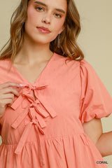 Umgee  Babydoll Peplum Ballon Sleeve Dress - Coral