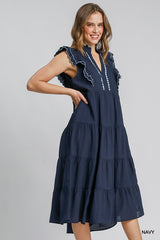 Umgee Tiered Maxi Dress Contrast Trim - Navy