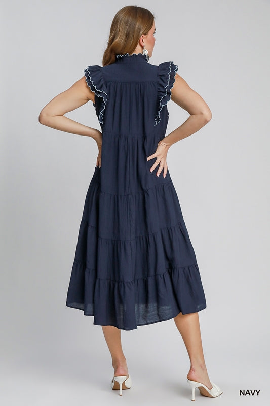 Umgee Tiered Maxi Dress Contrast Trim - Navy