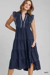 Umgee Tiered Maxi Dress Contrast Trim - Navy