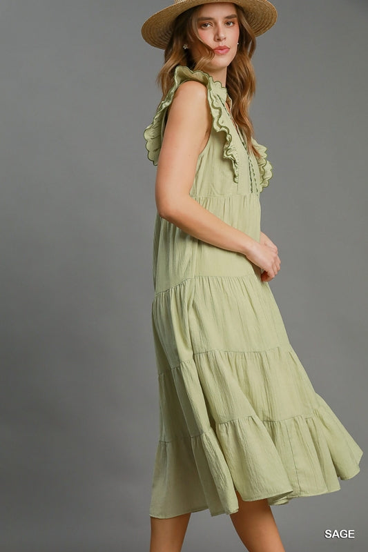 Umgee Tiered Maxi Dress Contrast Trim - Sage