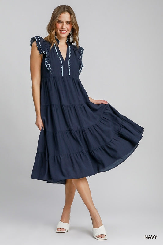 Umgee Tiered Maxi Dress Contrast Trim - Navy