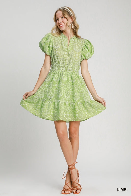 Umgee Puff Sleeve Eyelet Mini Dress - Lime Green