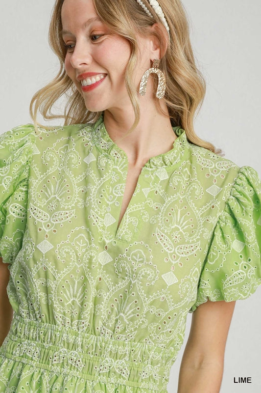 Umgee Puff Sleeve Eyelet Mini Dress - Lime Green