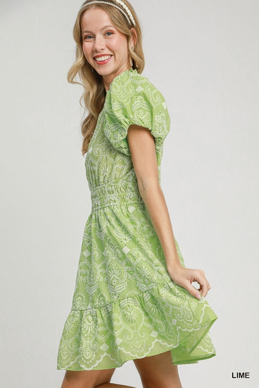 Umgee Puff Sleeve Eyelet Mini Dress - Lime Green