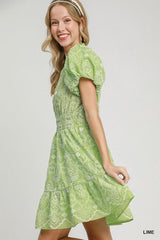 Umgee Puff Sleeve Eyelet Mini Dress - Lime Green