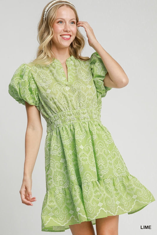 Umgee Puff Sleeve Eyelet Mini Dress - Lime Green