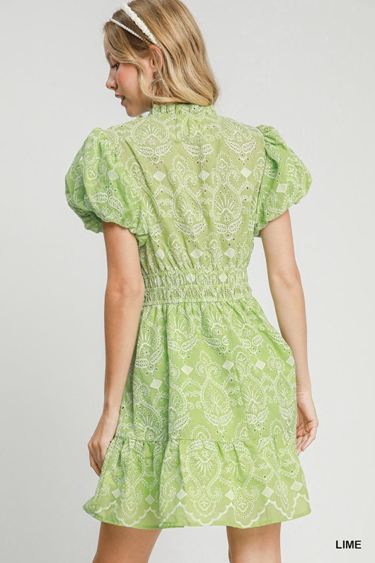 Umgee Puff Sleeve Eyelet Mini Dress - Lime Green