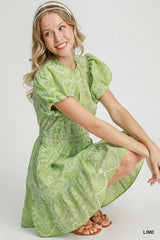 Umgee Puff Sleeve Eyelet Mini Dress - Lime Green