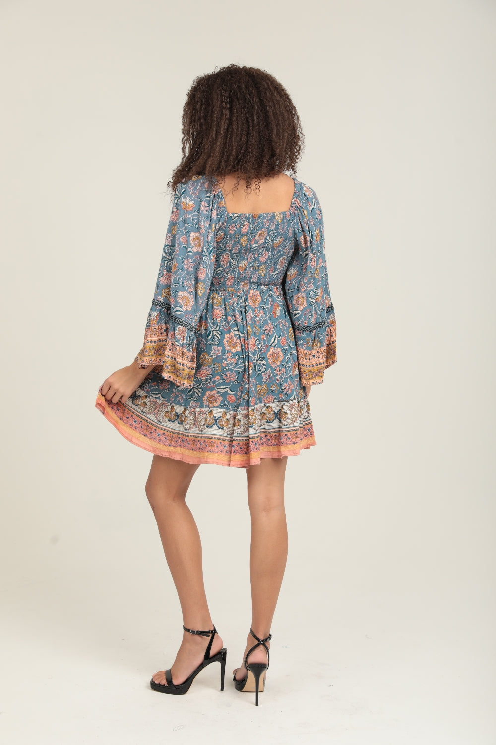 Angie Bohemian Floral Bell Sleeve Mini Dress - Blue