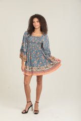 Angie Bohemian Floral Bell Sleeve Mini Dress - Blue
