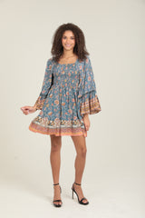 Angie Bohemian Floral Bell Sleeve Mini Dress - Blue
