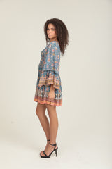 Angie Bohemian Floral Bell Sleeve Mini Dress - Blue