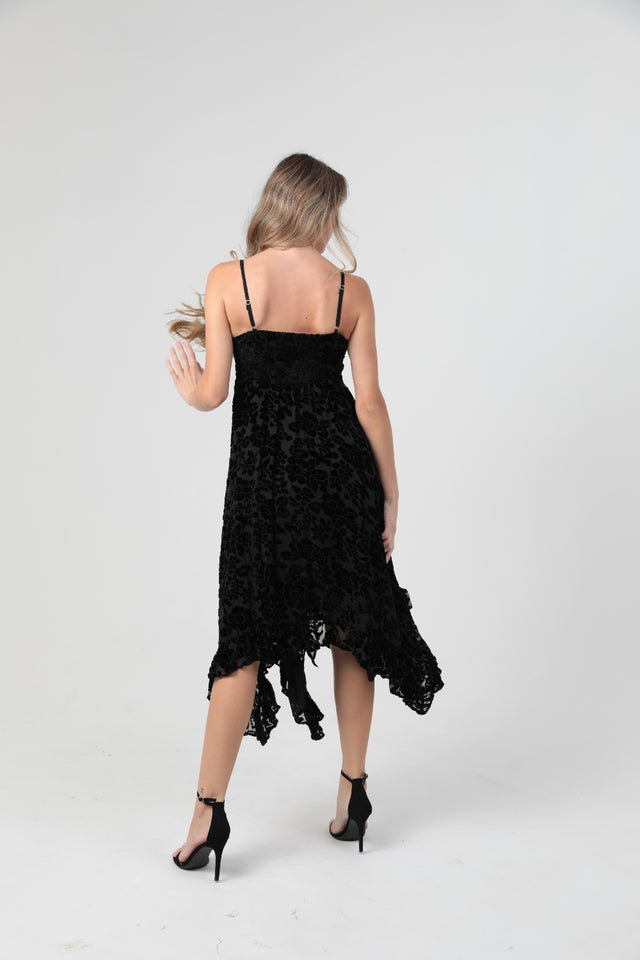 Angie Evening Floral Burnout Velvet Handkerchief Dress - Black