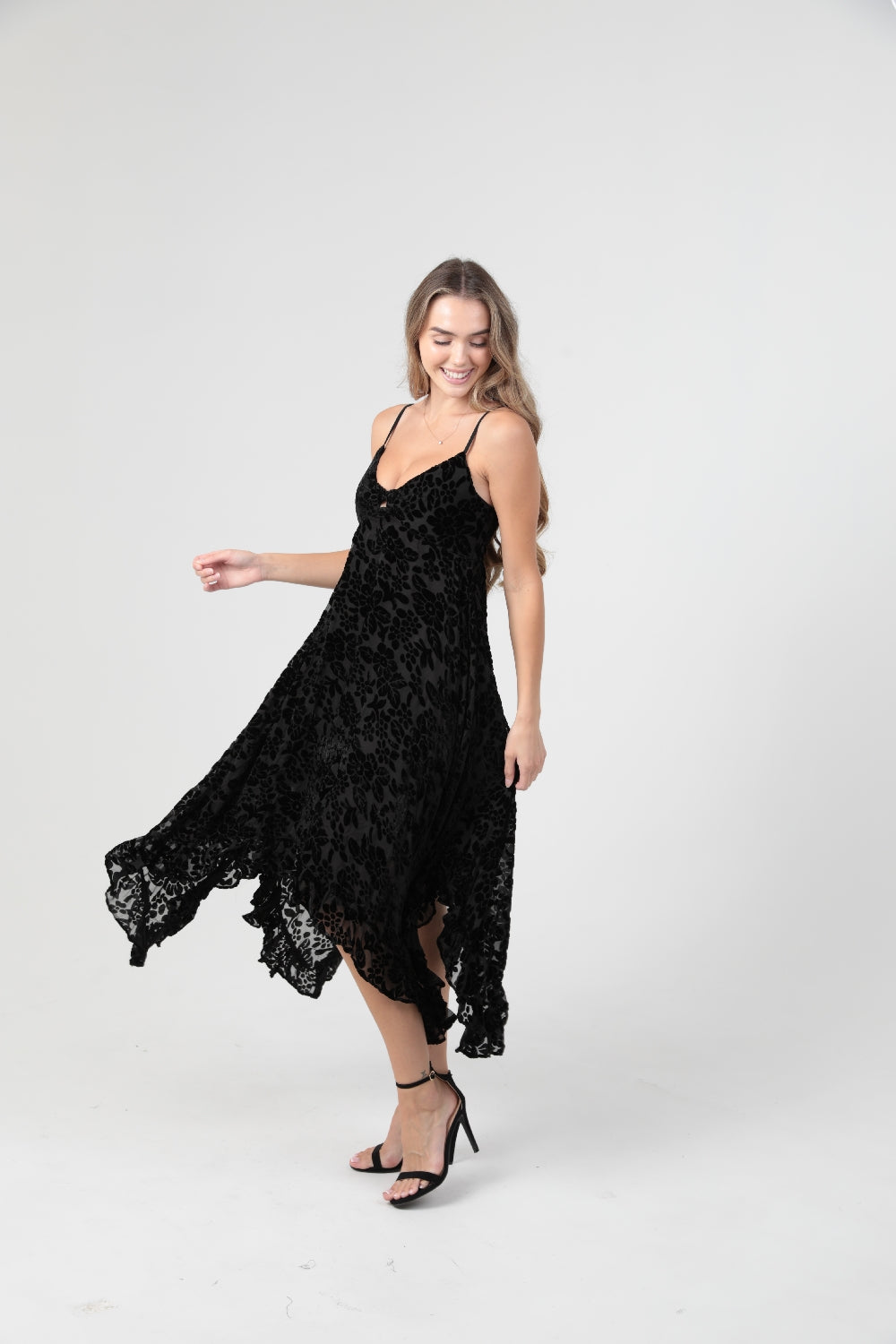 Angie Burnout Floral Velvet Handkerchief Dress - Black