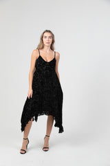 Angie Burnout Floral Velvet Handkerchief Dress - Black