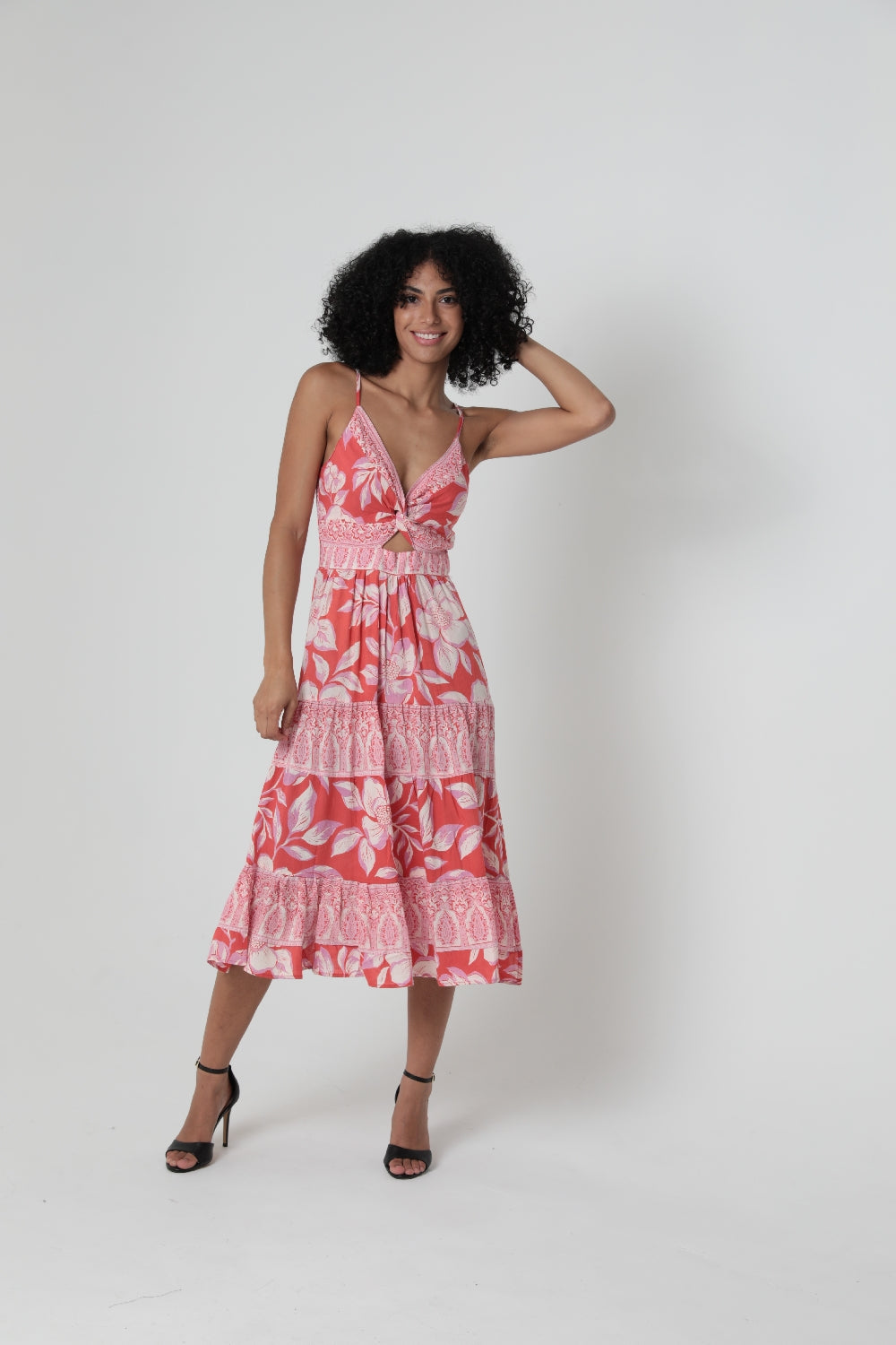 Angie Floral Motif Midi Dress - Red