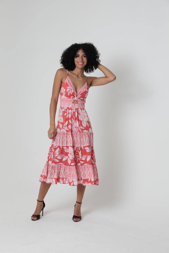 Angie Floral Motif Midi Dress - Red