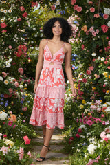 Angie Floral Motif Midi Dress - Red