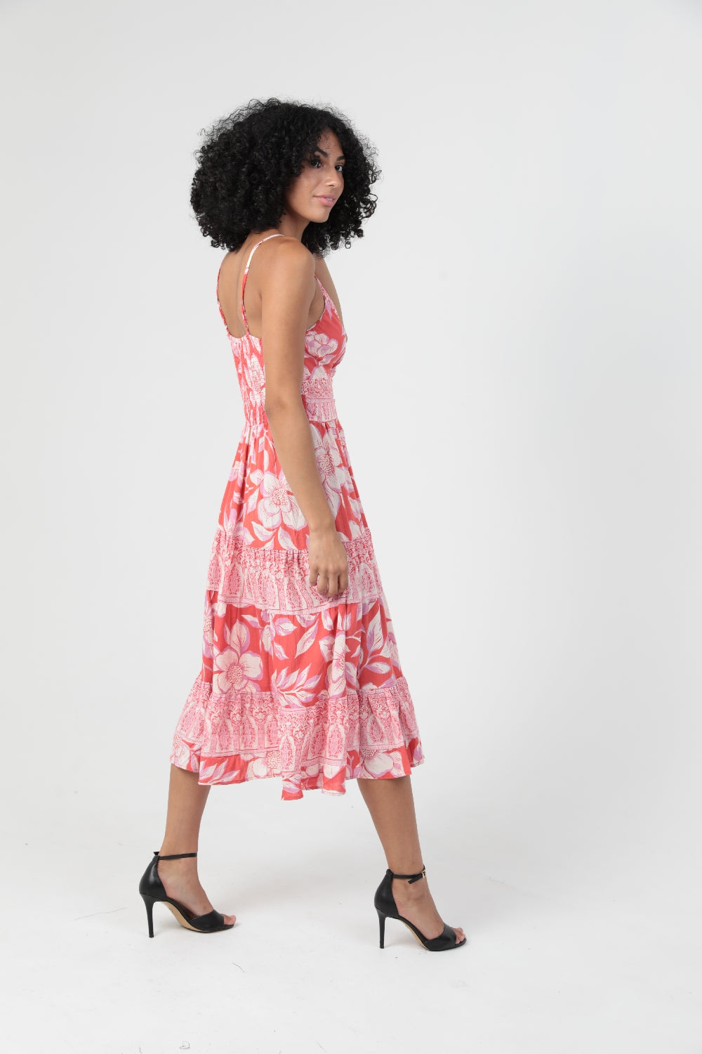 Angie Floral Motif Midi Dress - Red