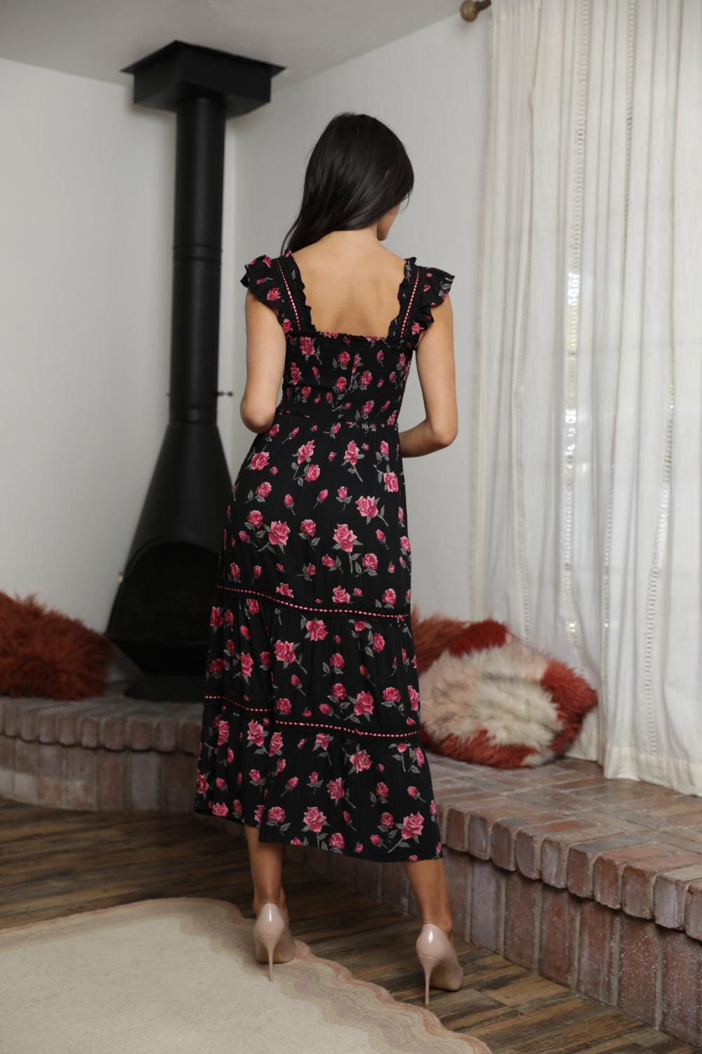 Angie Roses Print Midi Dress - Black