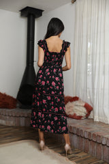 Angie Roses Print Midi Dress - Black