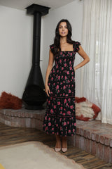 Angie Roses Print Midi Dress - Black