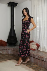 Angie Roses Print Midi Dress - Black