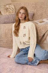 Blu Pepper Floral Embroidered Cable Knit Cropped Cardigan – Cream