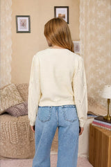 Blu Pepper Floral Embroidered Cable Knit Cropped Cardigan – Cream