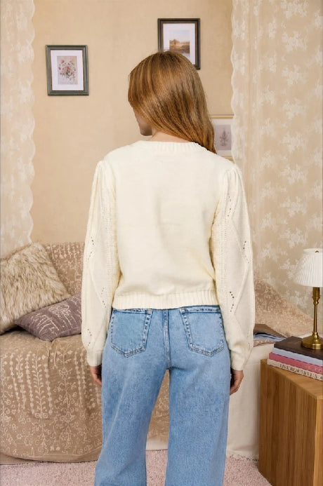 Blu Pepper Floral Embroidered Cable Knit Cropped Cardigan – Cream