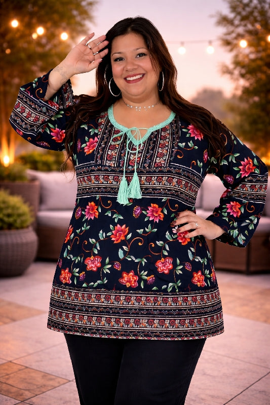 Velzera Floral Tasseled Tunic Top in Plus Size - Black