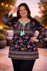 Velzera Floral Tasseled Tunic Top in Plus Size - Black