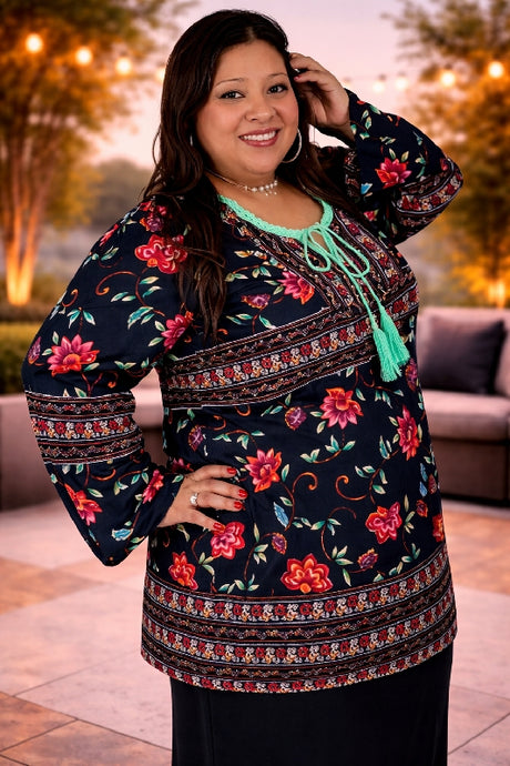 Velzera Floral Tasseled Tunic Top in Plus Size - Black