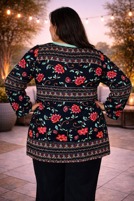 Velzera Floral Tasseled Tunic Top in Plus Size - Black