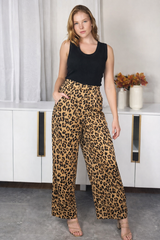 Leopard Print High Waist Wide Leg Pants with Elastic Back & Pockets