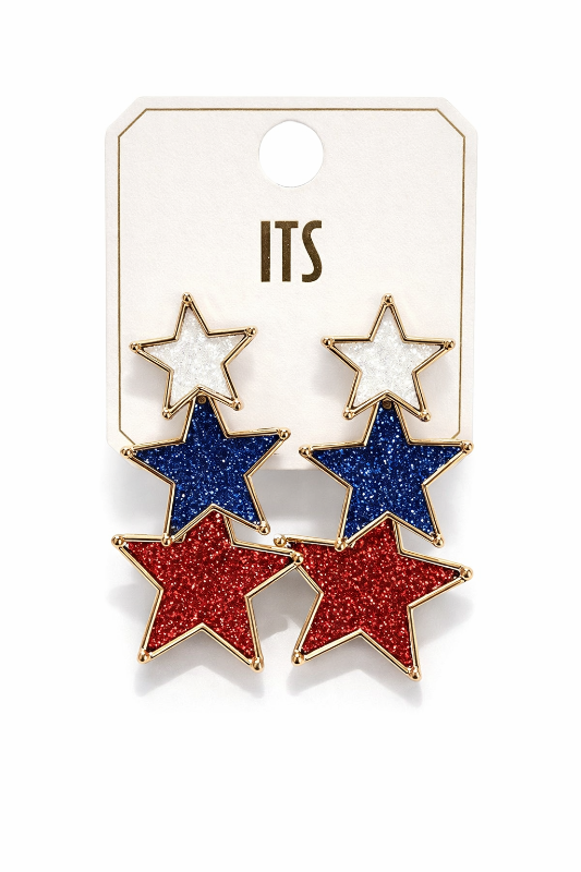 Patriotic Triple Star Dangle Earrings Red White Blue Glitter