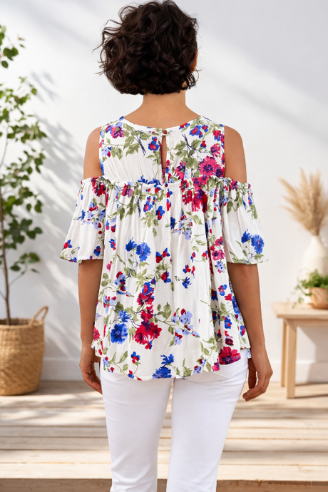White Floral Cold Shoulder Boho Blouse with Ruffle Sleeves
