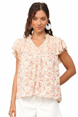 Gigio Chiffon Print Flare Sleeve Blouse - Blush Mauve