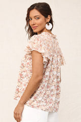 Gigio Chiffon Print Flare Sleeve Blouse - Blush Mauve