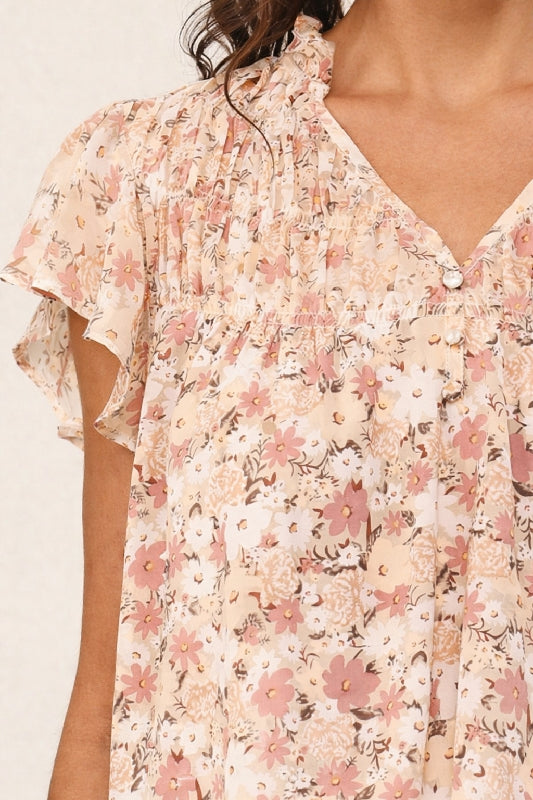 Gigio Chiffon Print Flare Sleeve Blouse - Blush Mauve