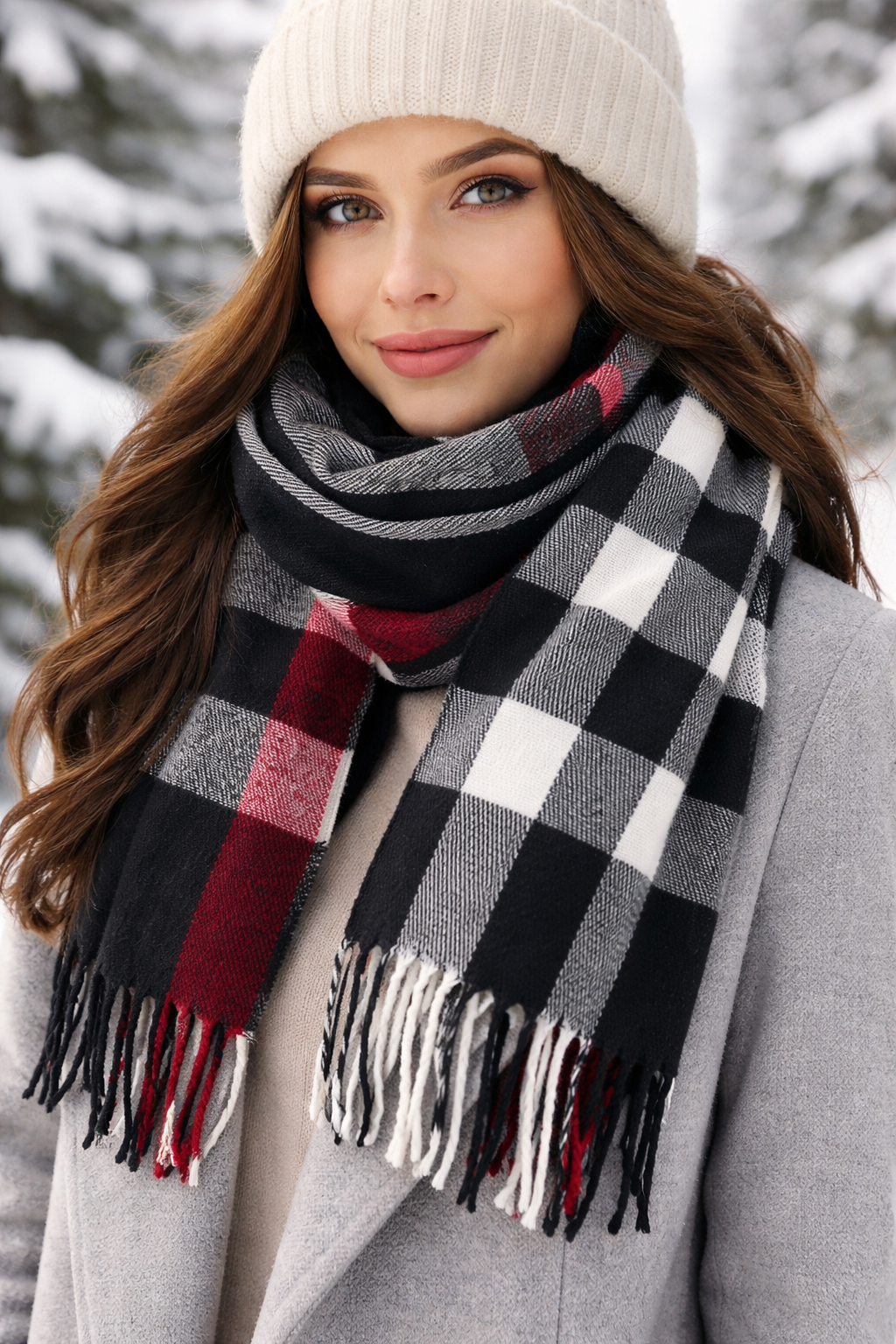 Buffalo Plaid Fringe Winter Long Scarf - Black Red
